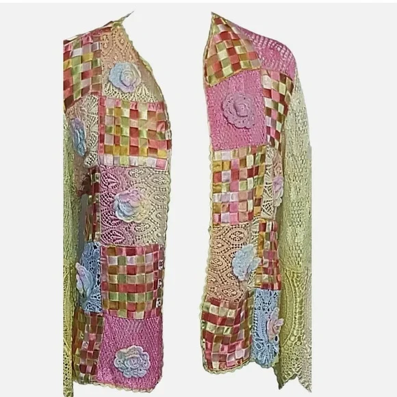 Parsley And Sage Women's Sweater Crochet Ribbon Open Front pink yellow green - Picture 6 of 9